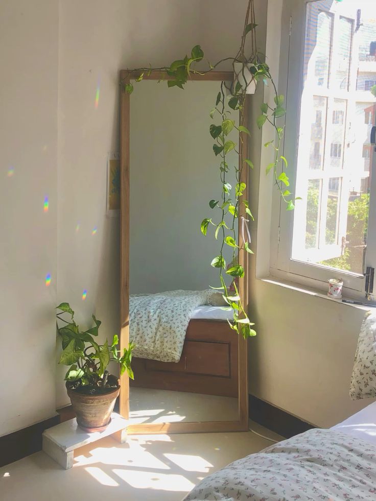 large standing mirror decor with plants and small storage shelf in apartment
