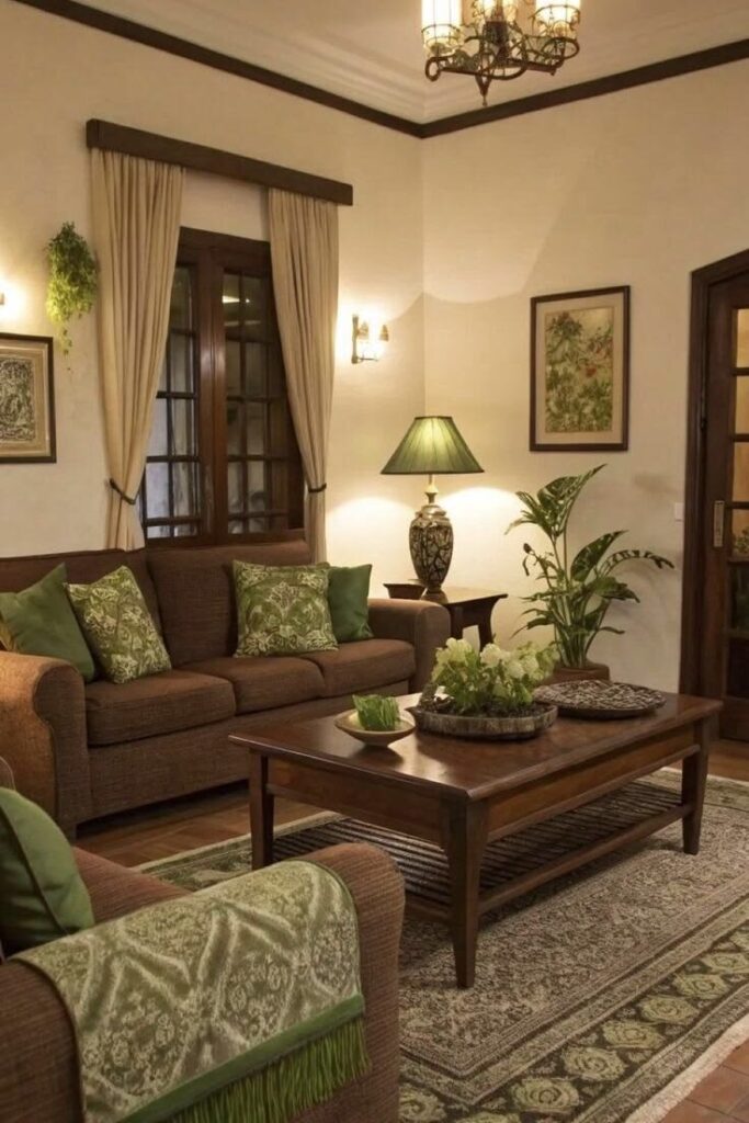 cozy living room with warm lighting curtains and neutral decor