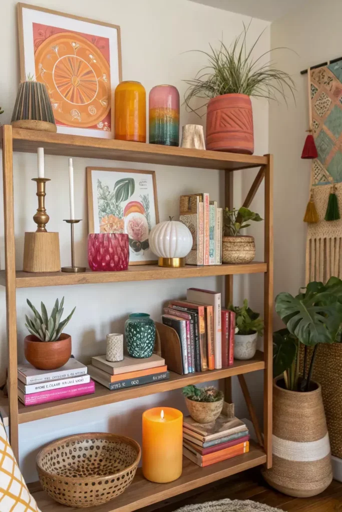minimal wooden shelves styling with books and decor for small apartment