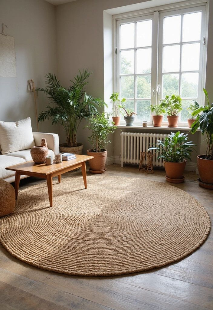living room with round rug plants and natural light cozy apartment setup