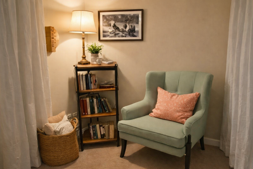 Cozy reading nook with armchair and warm lamp lighting in small apartment