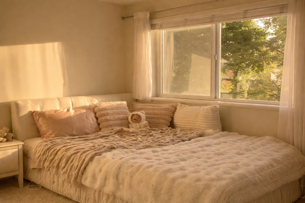 cozy bed with layered blankets and soft neutral tones renter bedroom decor