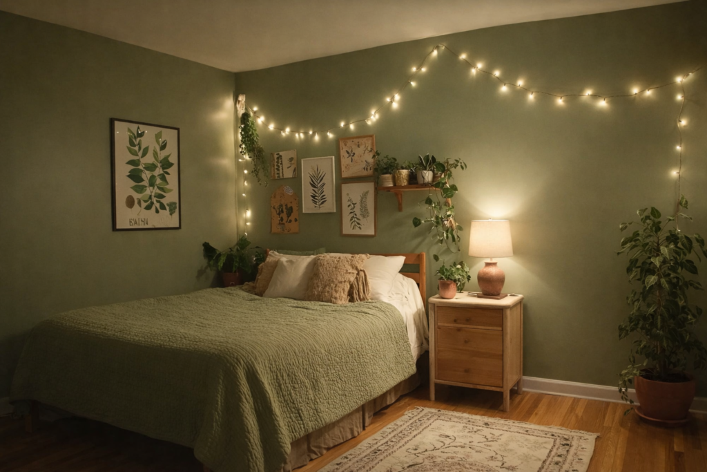 green accent wall bedroom with fairy lights and plants renter friendly decor