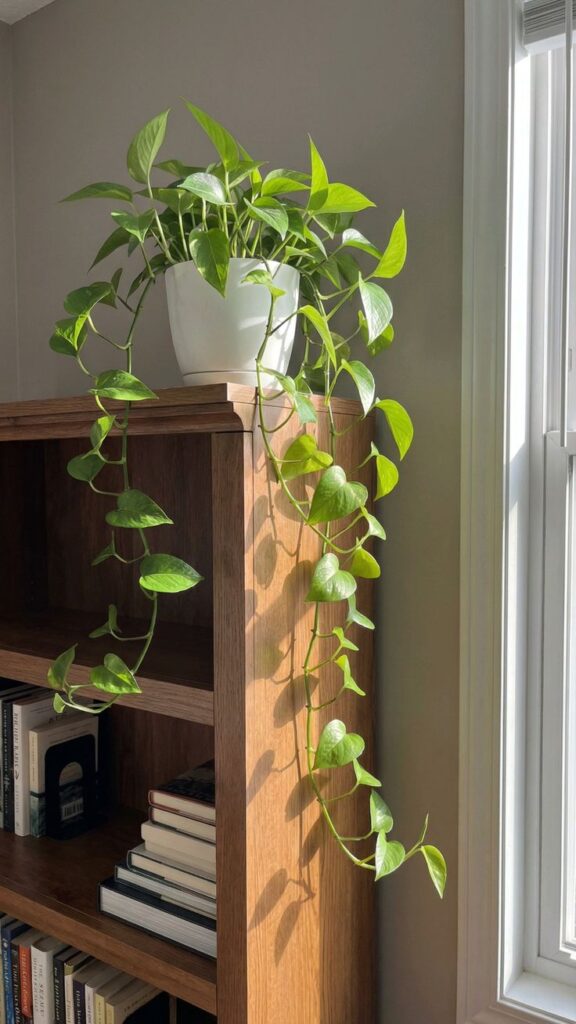 trailing indoor plant on shelf adding warmth to apartment decor