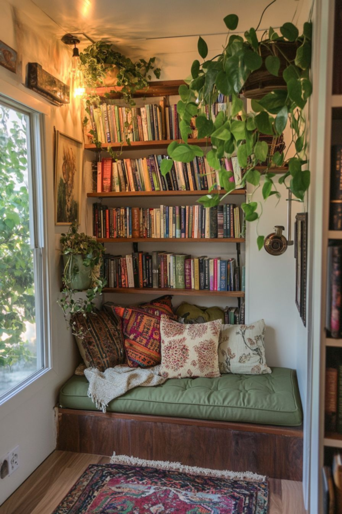 Reading nook setup next to bookshelf with cozy seating and decor