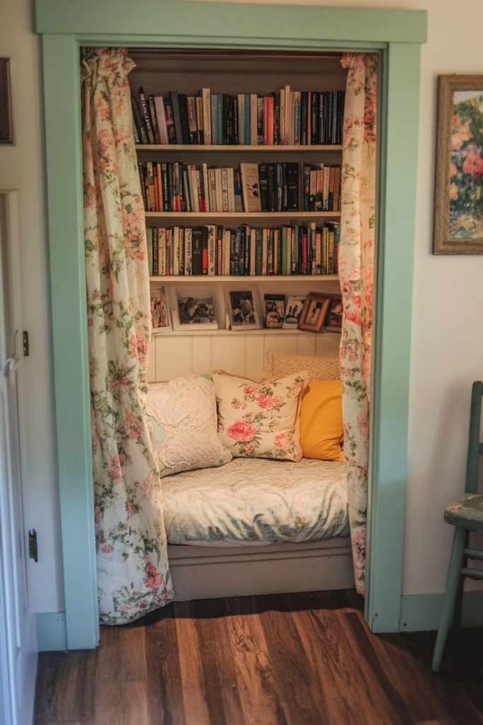 Closet reading nook with floral curtains and built-in seating
