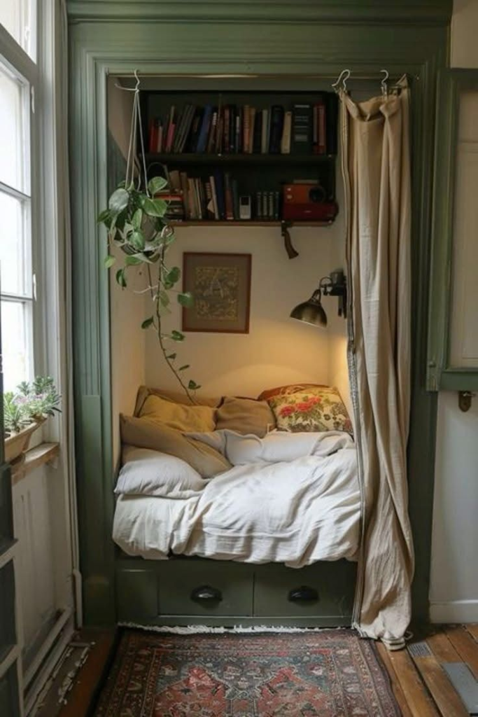 Small closet turned reading nook with bedding and soft lighting