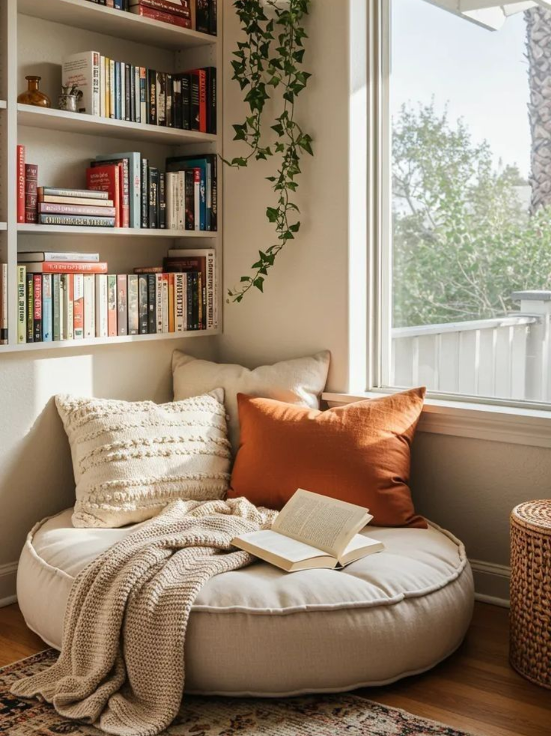 Small reading corner with wall shelves, decor and soft lighting for cozy feel