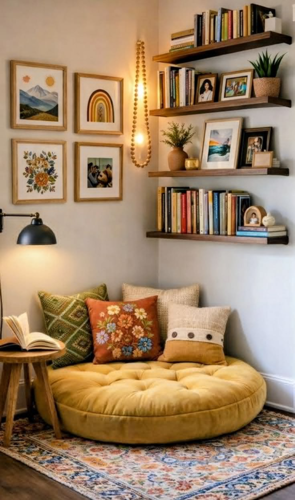 Cozy reading nook with bookshelf, warm lighting and window light in small space