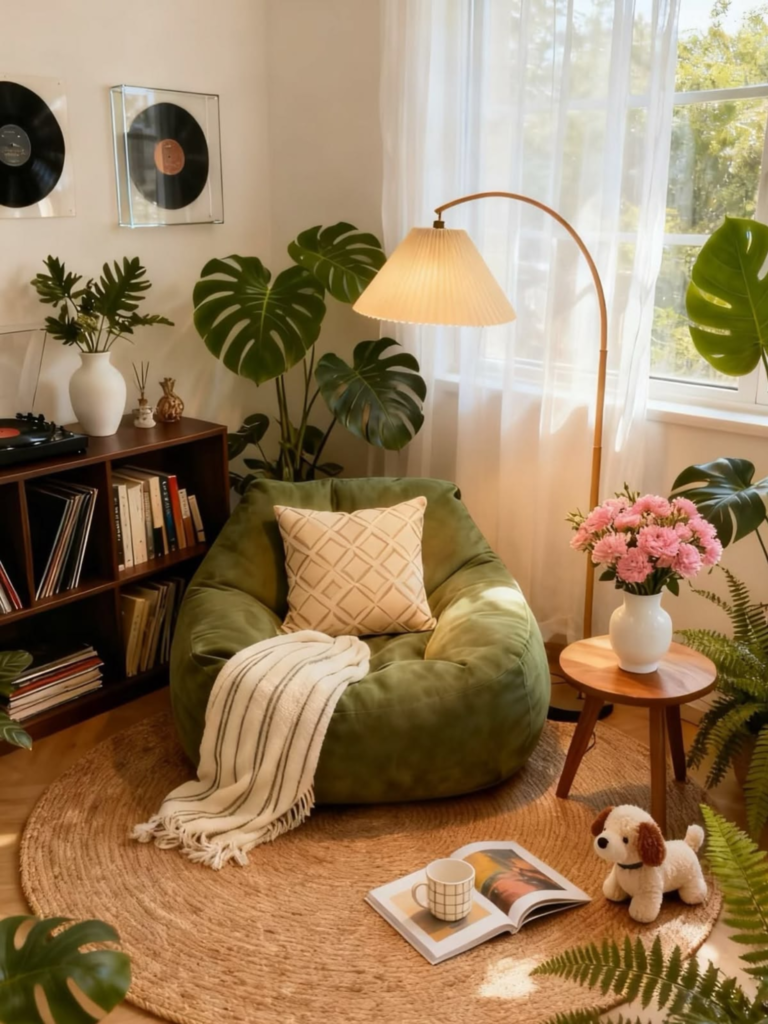 Comfortable chair and floor lamp setup with plants in a cozy reading nook