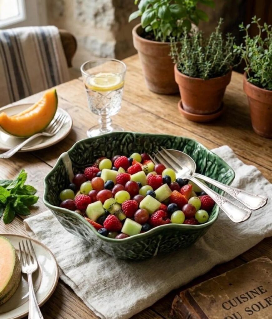 A large dark green ceramic cabbage serving bowl filled with a fresh fruit salad, styled on a neutral linen runner on a rustic wood dining table.