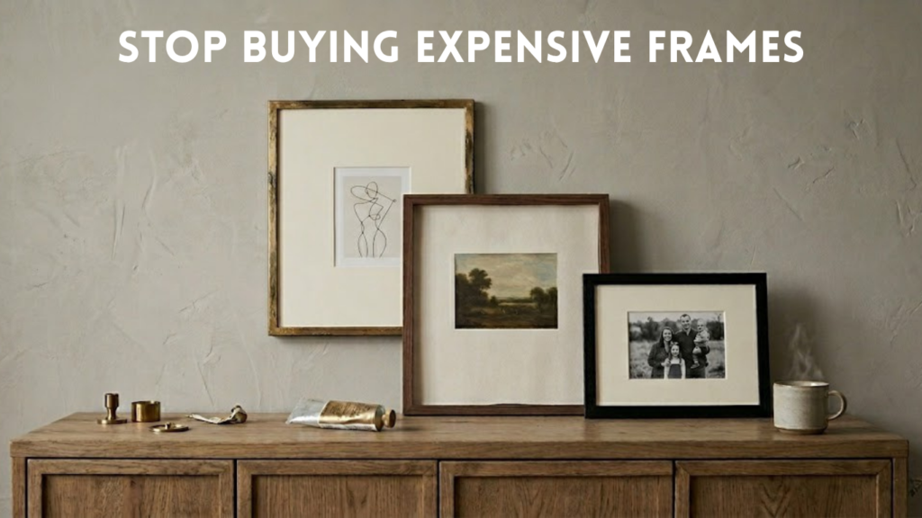 Stop Buying Expensive Frames Three different framed artworks are displayed on a wooden credenza against a textured grey wall, accompanied by decorative objects and a steaming mug. At the top of the image, prominent white text reads, 'STOP BUYING EXPENSIVE FRAMES.'