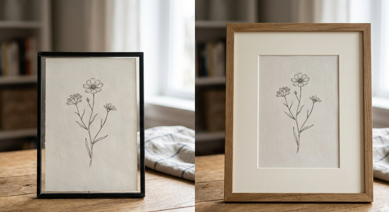 Side-by-Side Example of Framing and Matting Hacks Alt Text: Side-by-side view of a small print in a tight frame versus an oversized mat board layout, showing how to make affordable picture frames look high end.