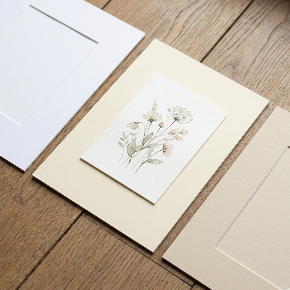 Matting Color Swatches A top-down close-up shot of three mat board swatches stark white, warm milky cream, and light beige arranged side-by-side on a natural wood floor. An art print rests across the edges of all three swatches, showing how the softer cream and beige tones elevate the print compared to the harsh, bright white board.