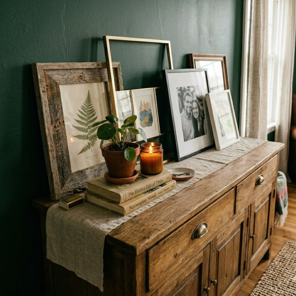 Cozy and Curated Sideboard Vignette on an Emerald Green Wall A styled wooden shelf displaying a layered collection of budget gallery wall frames with warm cream matting.