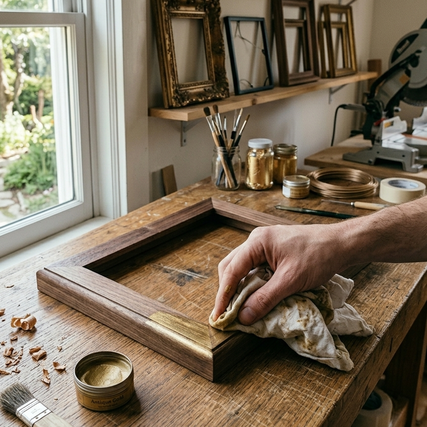 Application of Antique Gold Patina and Buffing Close-up of antique gold wax being rubbed onto a frame corner, showing a simple project using cheap gallery wall frames.